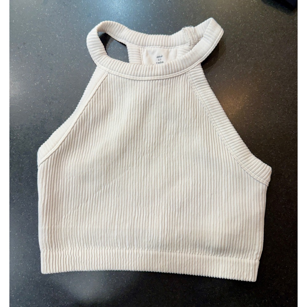 Aerie Ribbed Halter Tank Top Small Cream Real Good CropSporty Chic Clean Girl